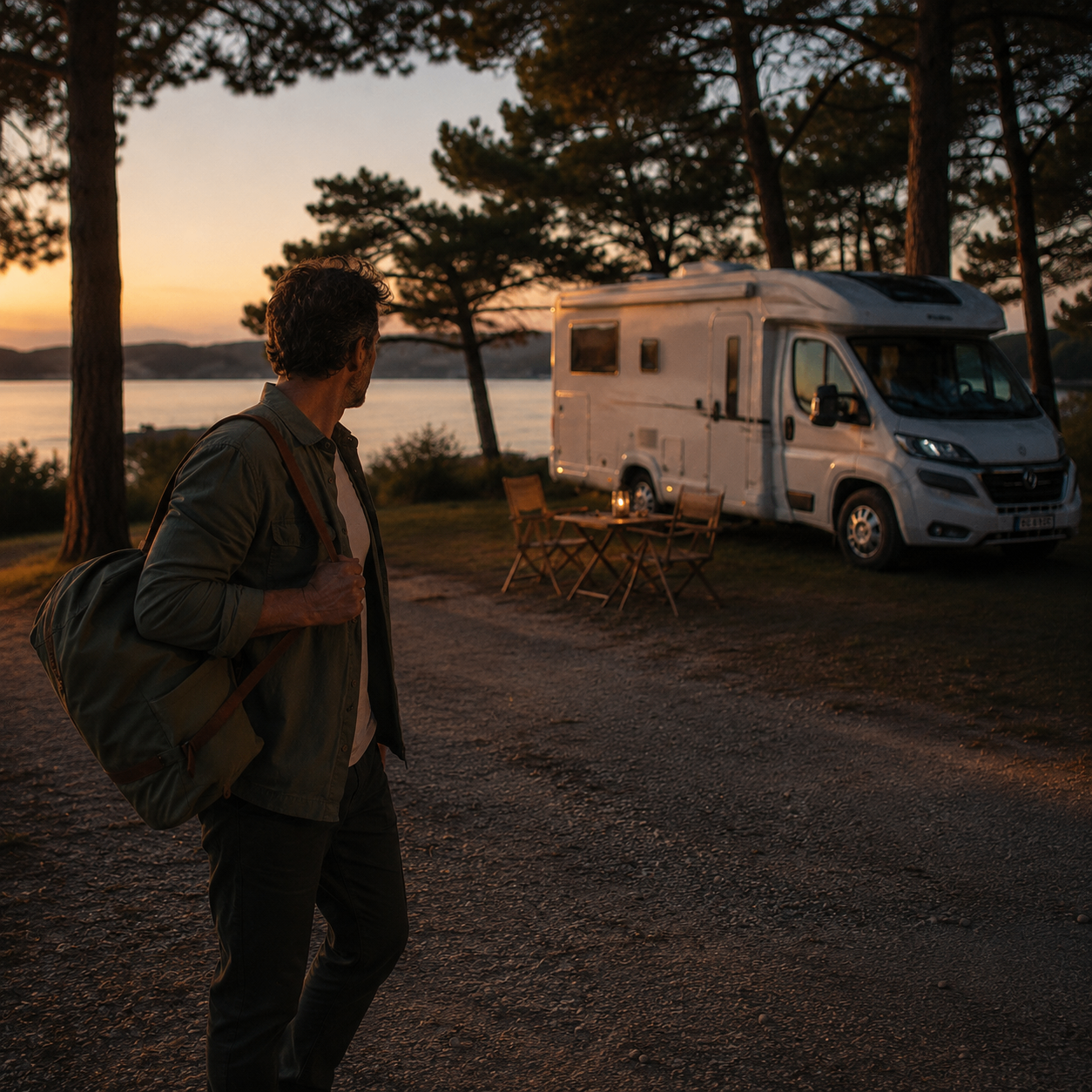 Man kijkt naar camper bij zonsondergang